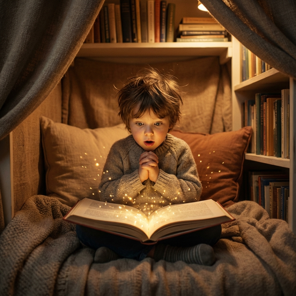 Child reading a magical storybook