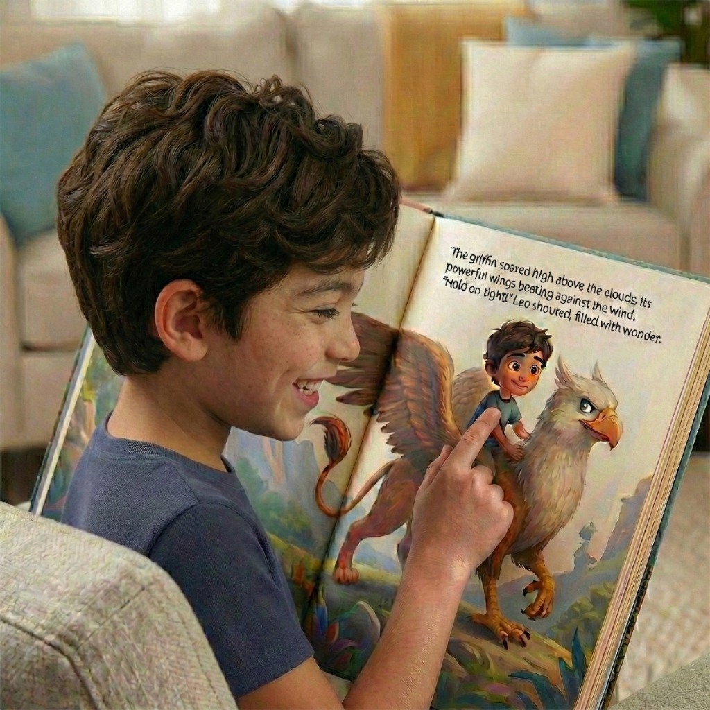 Boy reading a magical book